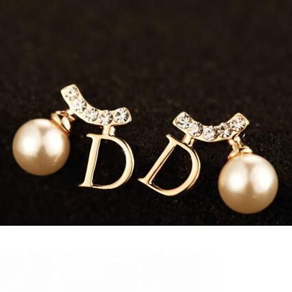 

2016 новая мода жемчужные серьги стержня для женщин корейский кристалл письмо d форма серьги ювелирные изделия аксессуары, Golden;silver