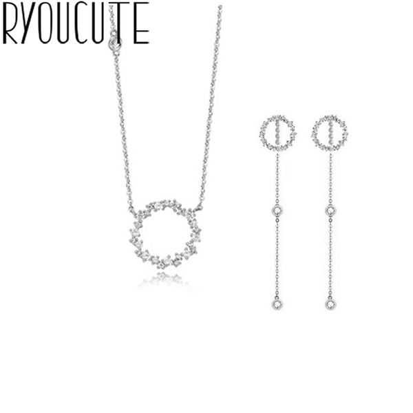 

fashion rhinestone jewelry sets 925 sterling silver circle necklaces earring for women party gifts