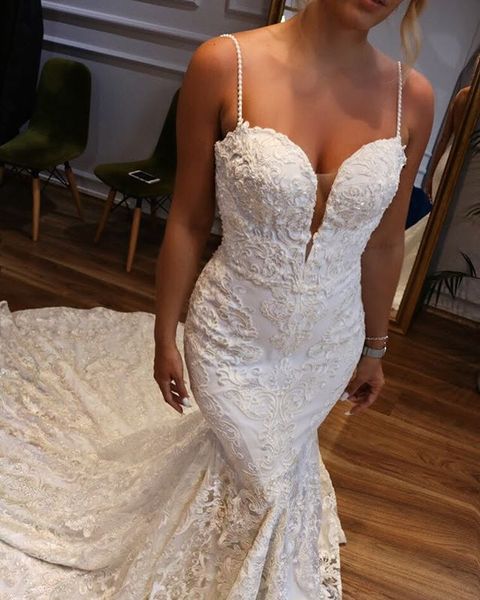 

2019 mermaid long tail full lace wedding dresses sheer neck straghetti zipper back beach wedding gowns for bride, White