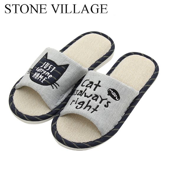 

stone village summer lovely cat soft flax indoor women slippers shoes lovers non-slip casual cotton couples home slippers men, Black