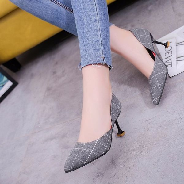 

2020 spring autumn new plaid women shoes woman pumps thin high heels ladies shoes pointed toe shallow work casual, Black
