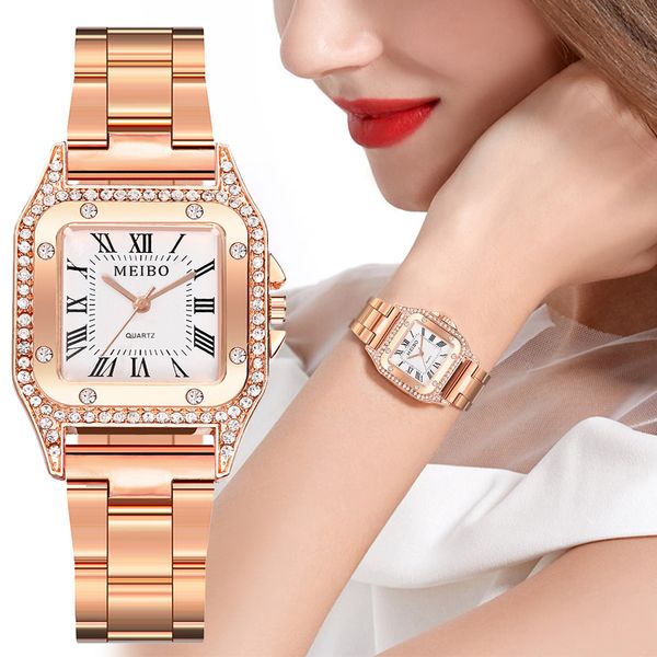 

fashion 2019 meibo sleek minimalist square dial stainless steel with ladies quartz watch wristwatch clock gift dropship#8, Slivery;brown