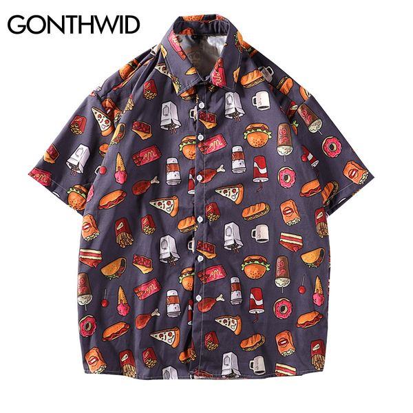 

gonthwid donuts pizza french fries print hawaiian shirts casual aloha tropical beach shirt summer short sleeve button down, White;black