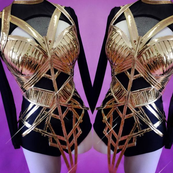 

golden hollow outfit black base rhinestones bodysuit women 2 piece stretch outfit nightclub dance wear female singer show, Black;red