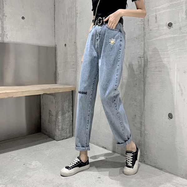 

women's jeans 2021 embroidered daisy chic straight denim pants trousers woman plus size high waist jean femme, Blue