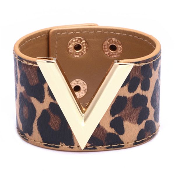 

exquisite wide leather leopard v shape bangle for women party daily life fashion personality jewelry accessory, Black