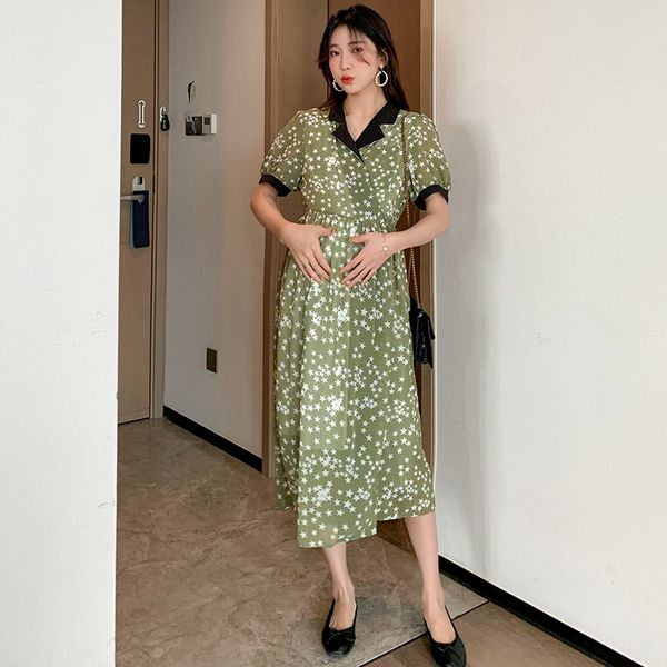 

short sleeve turn-down collar maternity clothes summer fashion pregnant women floral dress with lining loose stars chiffon dress, White