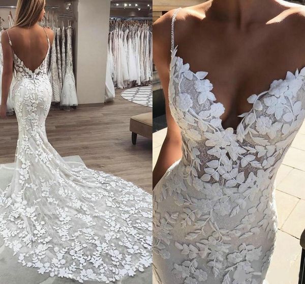 Verführerische weiße 3D-Blumenspitze Meerjungfrau Brautkleider 2020 Spaghetti Perlen Träger Sexy Open Back Luxus Berta Brautkleid Vestidos De