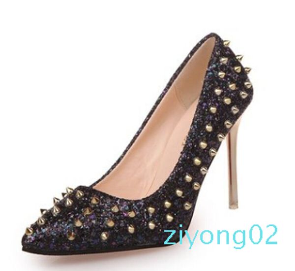 

марка обуви красный sloe женщин насосов ботинок высокой пятки заклепки заостренный носок тонкой пятки леди свадебные туфли дно для красной м, Black