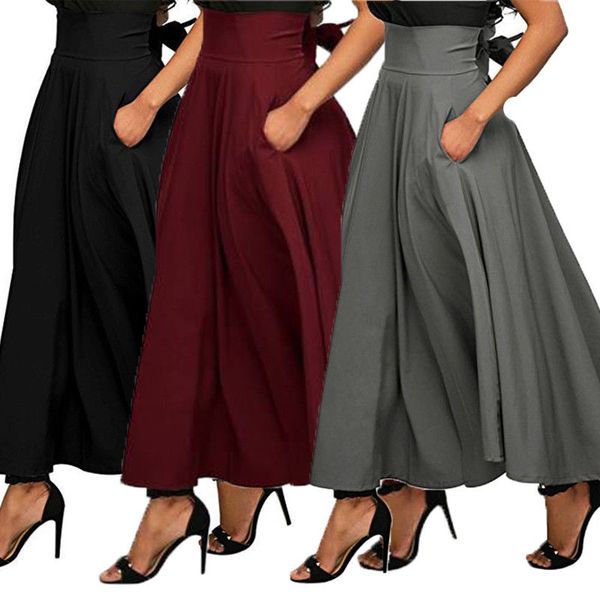 

New Women Stretch High Waist Skater Flared Pleated Swing Long Skirt Dress Belted