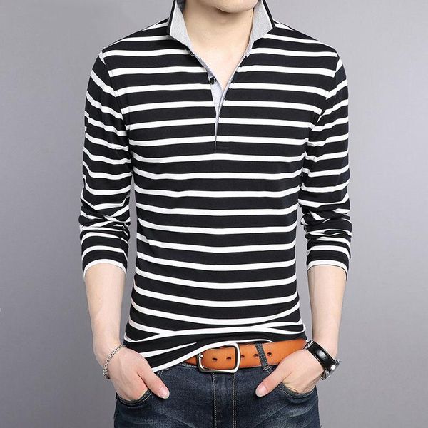 

мужчины t -shirt новая весна лето чистого хлопка turn -вниз воротник футболку мужчины повседневная полосатый длинные рукава футболки топы бе, White;black