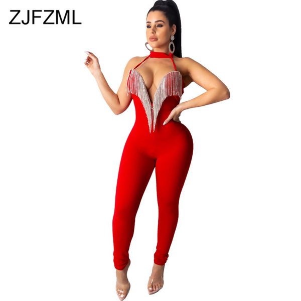 

sparkly tassels spliced party jumpsuit women deep v neck sleeveless skinny romper elegant halter backless one piece overall, Black;white
