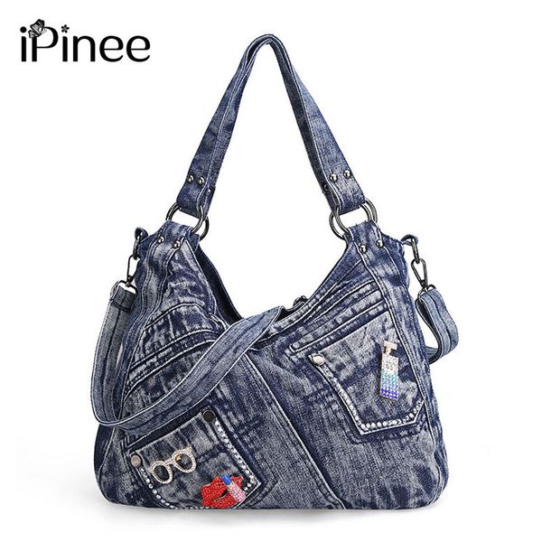 

ipinee женщины сумочка мода joker denim плечо сумка lady vintage повседневных джинсы tote отдых rhinestone посланник сумка