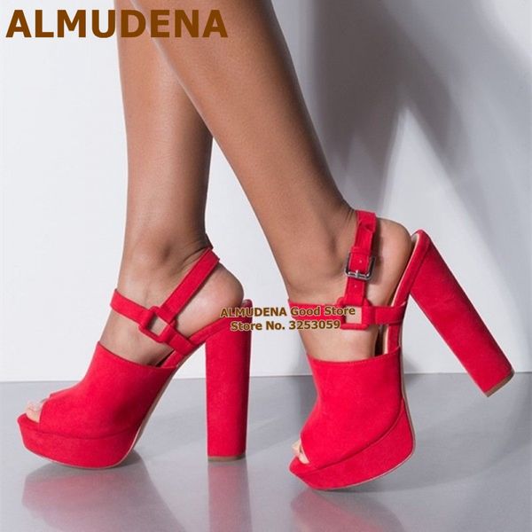 

almudena red black suede chunky heels open toe platform square buckle strap sandals women slingback banquet shoes size46 pumps