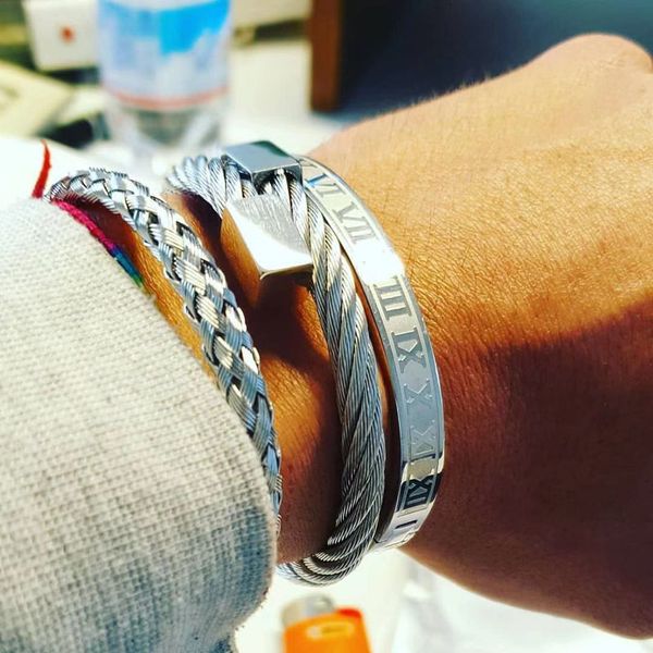 

2019 fashion roman numeral bracelet men weave opening stainless steel men bracelet & bangle luxury jewelry gift pulseras hombre, Golden;silver