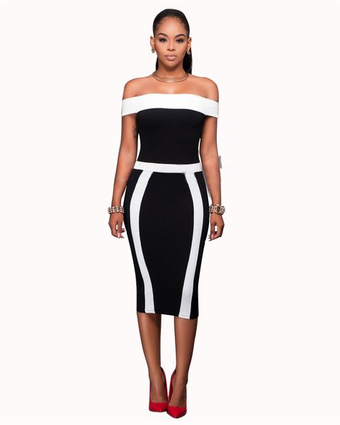 

2019 designer woman summer dresses style elegant black white stripes slash neck bodycon dresses womens party dresses, White;black