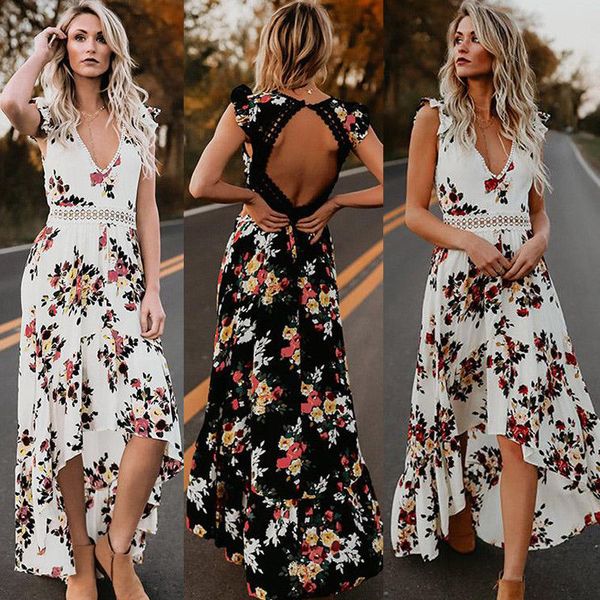 

fashion brand womens summer boho maxi dress clubwear party beach holiday sundress flower asymmetrical casual dresses, Black;gray