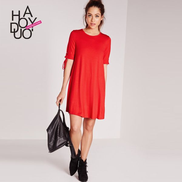 

haoduoyi selling summer wear new style fashion drawstring lace casual t-shirt dress boyfriend-style solid color dress, Black;gray