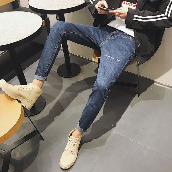 

nice spring and autumn embroidered trousers jeans loose port wind ins solid color casual pants feet pants black / blue 29-35