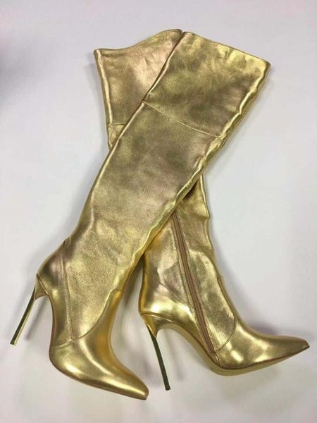 

new arrival 2019 spring golden pointed toe tall boots real sheepsin high heeled boots eu35-41 by665, Black