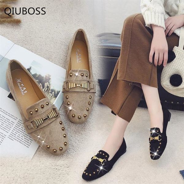 

qiuboss 2018 the new fashion women ballet flats shoes breathable suede slip-on buckle ladies moccasins casual shoes q117, Black