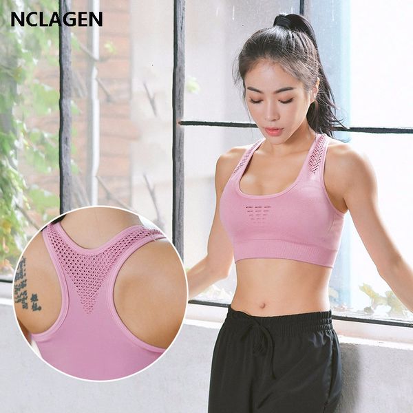 

nclagen women seamless sport bra padded high support gym yoga push up training solid fitness running elastic workout vest, White;black