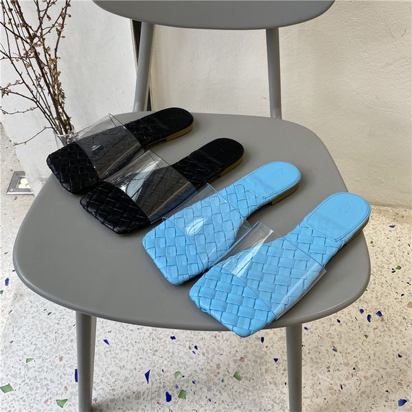 

2020 summer new hand-woven custom square head flat heel slippers open toe net red personality word sandals and slippers, Black