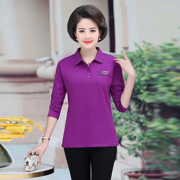 

woman spring shirt red navy blue purple turn down collar long sleeve cotton midldle aged women casual daily tees 2020, White