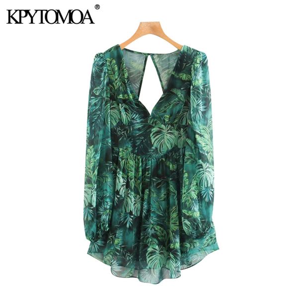 

kpytomoa women 2020 chic fashion floral print pleated mini dress vintage see through sleeve backless zipper female dresses mujer, Black;gray