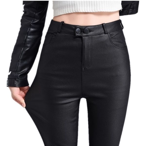 

women's leggings leather pants female high waist autumn and winter plus velvet women wear black matte feet