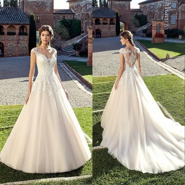 

2019 wedding dresses summer bohemian garden lace appliques simple bridal gowns cap sleeves sweep train boho a-line custom, White