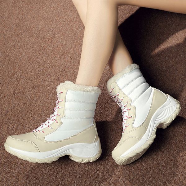 

2019 new winter women warm snow boots lace up mid calf ladies plush fur velvet boot leather ladies platform female flat shoes, Black