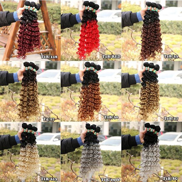 

3pcs/lot synthetic hair extensions wavy deep wave hair weave bundles double wefts ombre hair weave dark roots #1b ing, Black