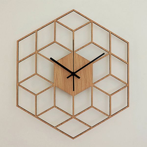 

modern large silent hexagonal quartz battery operated home decor office geometry bamboo wood bedroom gift wall clock