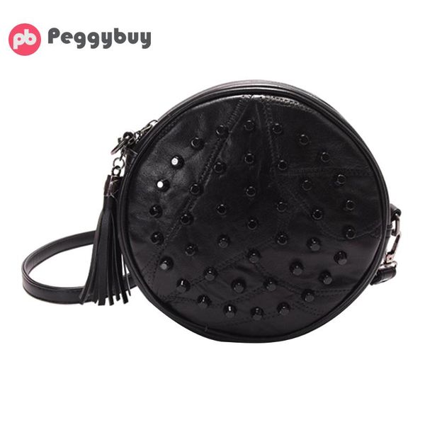 

sheepskin messenger bags women brands rivet cute round mini shoulder bag 2019 crossbody bag black tassel ladies leather handbags