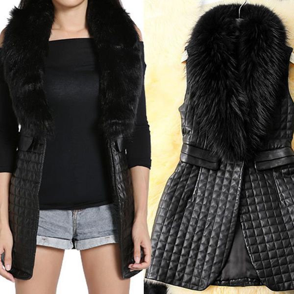 

women's fur & faux imitation coat heavy hair collar patchwork leather vest warm coats korean sleeveless 3xl, Black