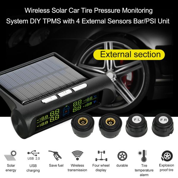 Freeshipping Drahtloses Solar-Auto-Reifendruckkontrollsystem DIY TPMS mit 4 externen Sensoren Bar/PSI-Einheit