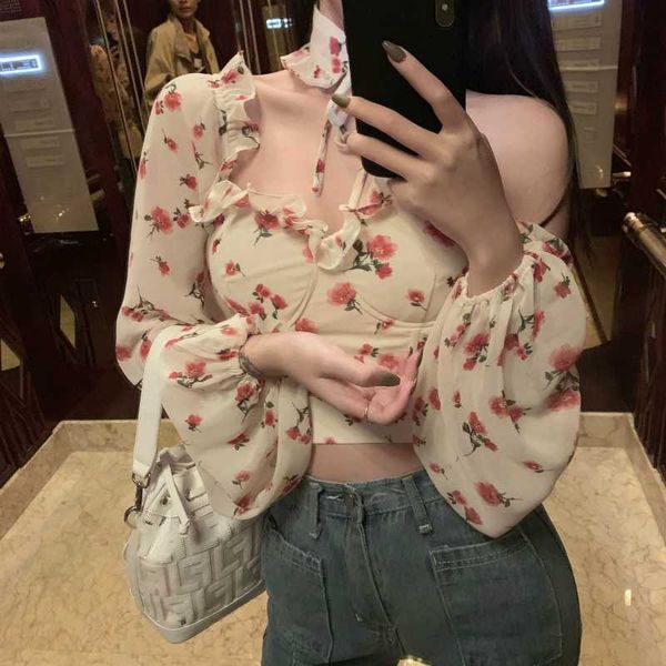 

white women summer short chiffon printed shirt exposed belly button long sleeve square collar blouse elegant women x312