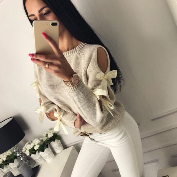 

women knitted sweater hollow out bowknot round neck long sleeve pull femme hiver ribbed casual jumper pullover winter clothes, White;black