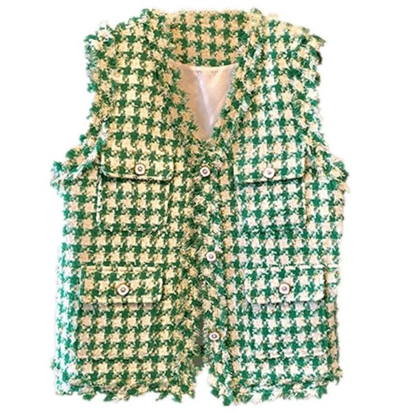 

new 2019 autumn winter small fragrance green plaid tweed sleeveless women's jackets ladies v-neck single breasted tassel jacket, Black;white