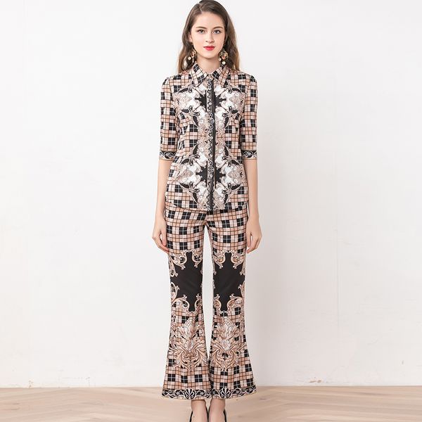 

2020 spring fashion 2 pieces plaid sets women short sleeve shirts +flare pants slim suits, White