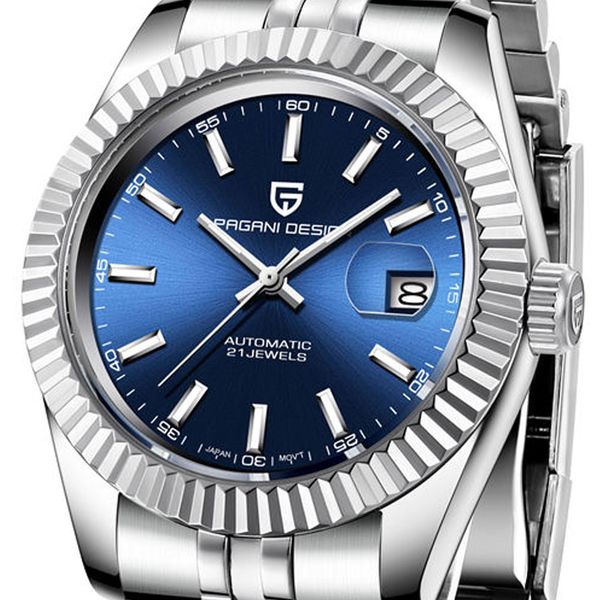 

42мм pagani дизайн синий циферблат стали ремешок из нержавеющей автоматических мужские часы ретро водонепроницаемый механические часы запяст, Slivery;brown