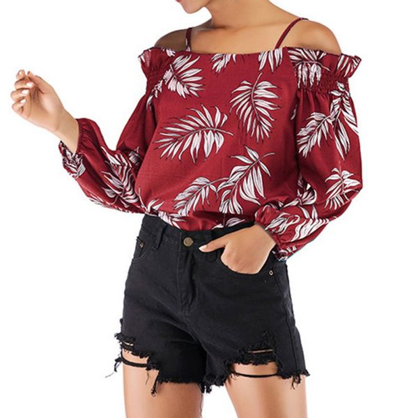 

off shoulder chiffon blouse fashion retro leaf print shirts loose casual long sleeves, White
