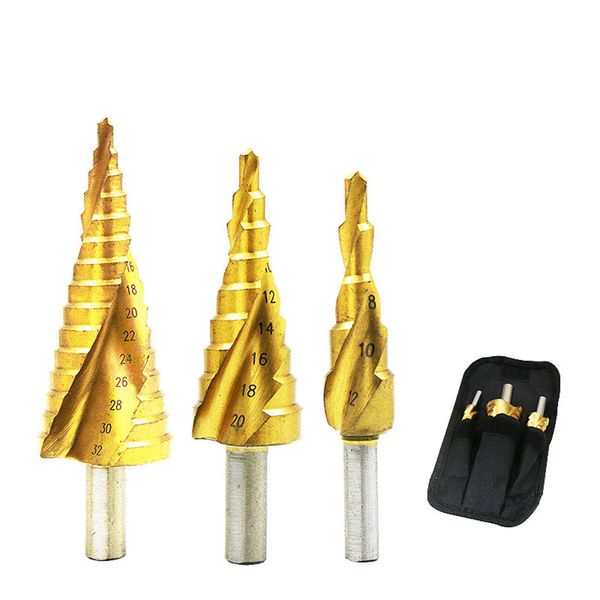 

six corner handle titanium spiral groove step drill triangle handle step drill multi-function bit 4-32mm 4-12 4-20 3pcs