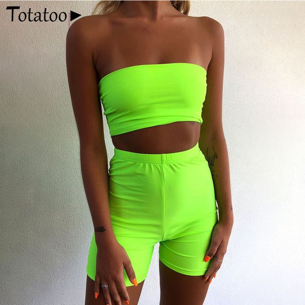 

totatoop лето без бретелек с плеча неоновый зеленый байкер шорты костюм из двух частей набор женщин 2020 outfit причинная streetwear костюм, White