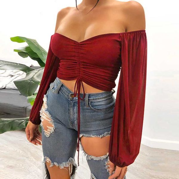 

2020 new t-shirt spring short section long-sleeved solid color perspective shirt fashion bubble sleeve v-neck wild t-shirt, White