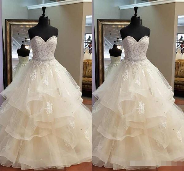 

2019 sweetheart neckline ball gown wedding dresses lace applique crystal beaded lace appliqued custom made wedding bridal gown plus size, White