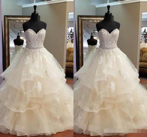 2019 Sweetheart decote vestido de bola vestidos de casamento laço applique cristal frisado laço apliques de casamento feita casamento vestido de noiva mais tamanho