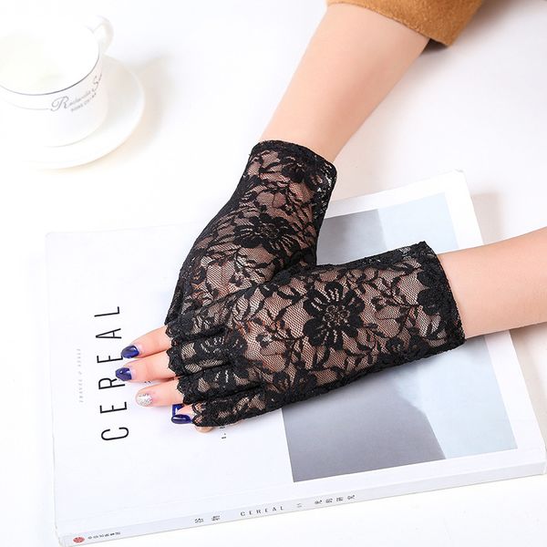 

female flower lace summer sunscreen gloves ceremony women' gloves breathable short lace half finger b69, Blue;gray