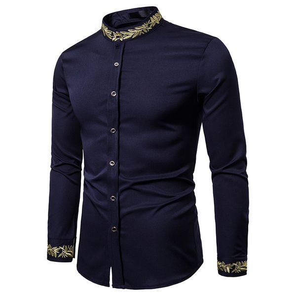 

puimentiua new autumn embroidery neck shirt men long sleeve stand collar shirt men slim fit button formal occasion shirts, White;black